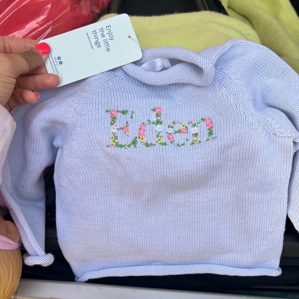 Magnolia baby NWT blue cowl neck “Eden” monogrammed Sweater with Floral Accents